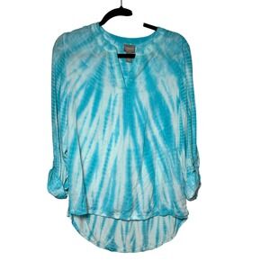 Chicos Tie Dye V Neck‎ Roll Tab Sleeve Tunic Top Women Size 1 Medium Blue White